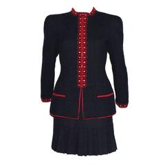 Gorgeous Chanel Navy Boucle Embroidery Pleat Skirt Suit
