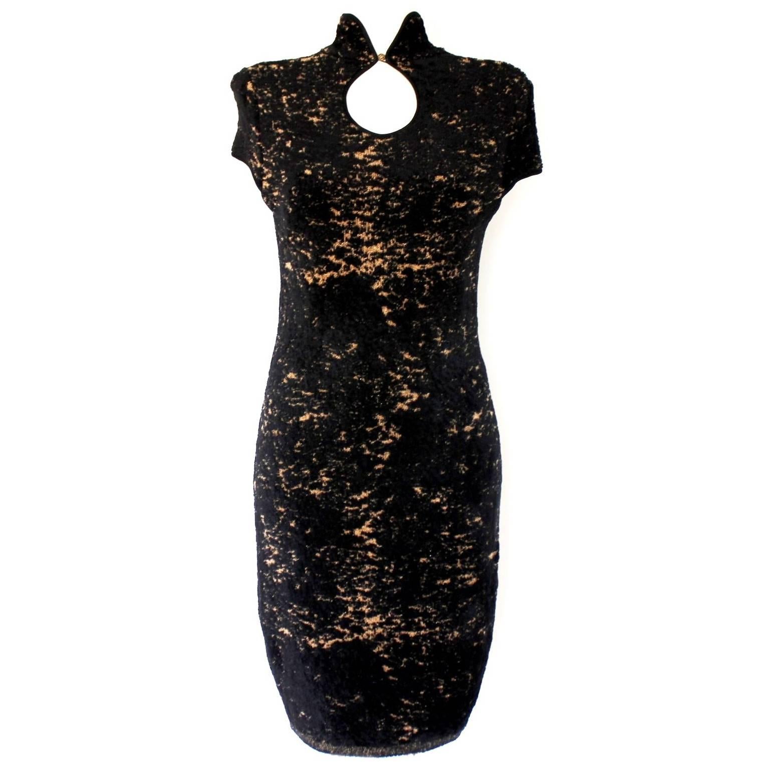 Chanel Black and Gold Chenille Chinese Cheongsam Inspired Dress
