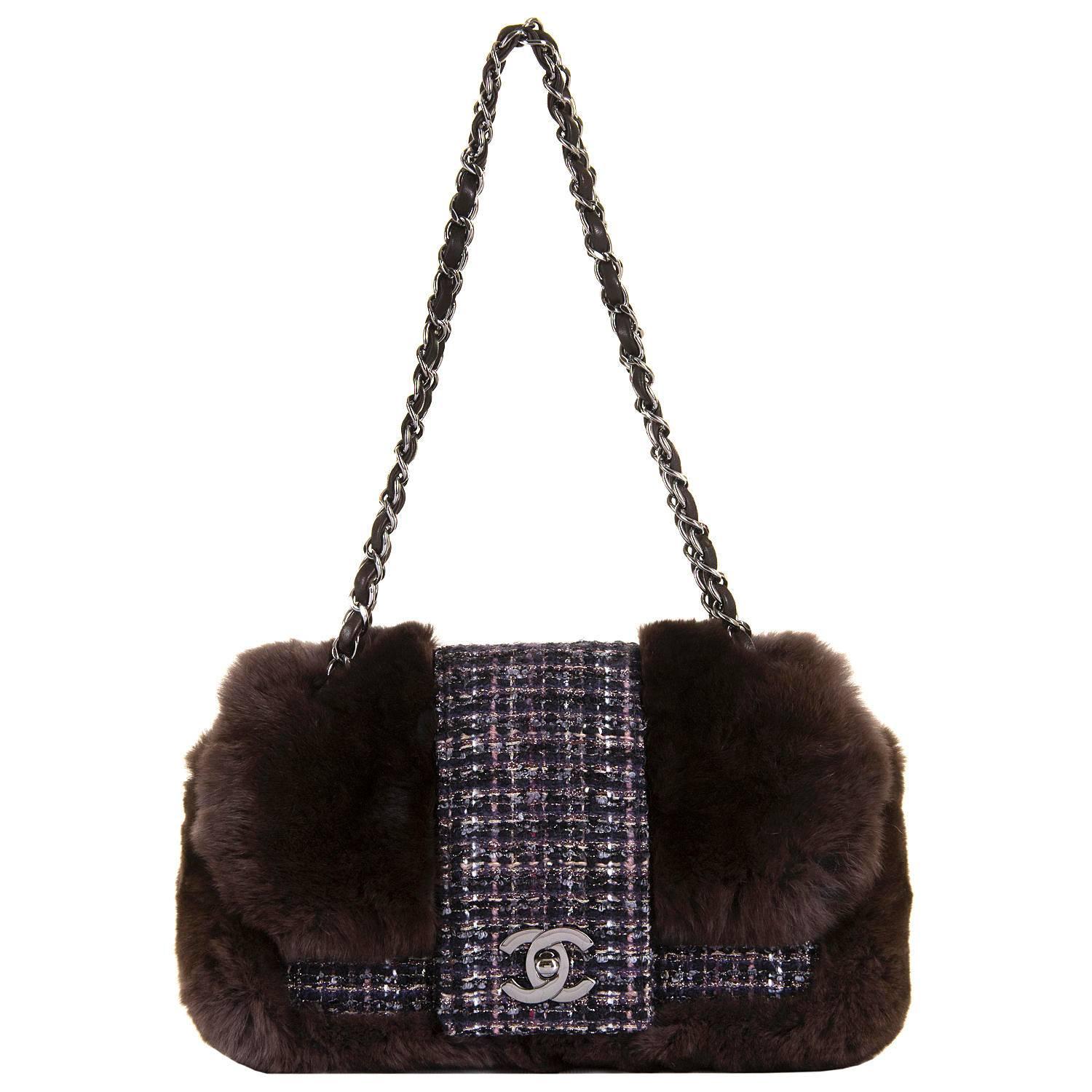 WOW! Chanel Limited Edition 28cm Fur & Tweed 'Sac Classique'  by Karl Lagerfeld For Sale