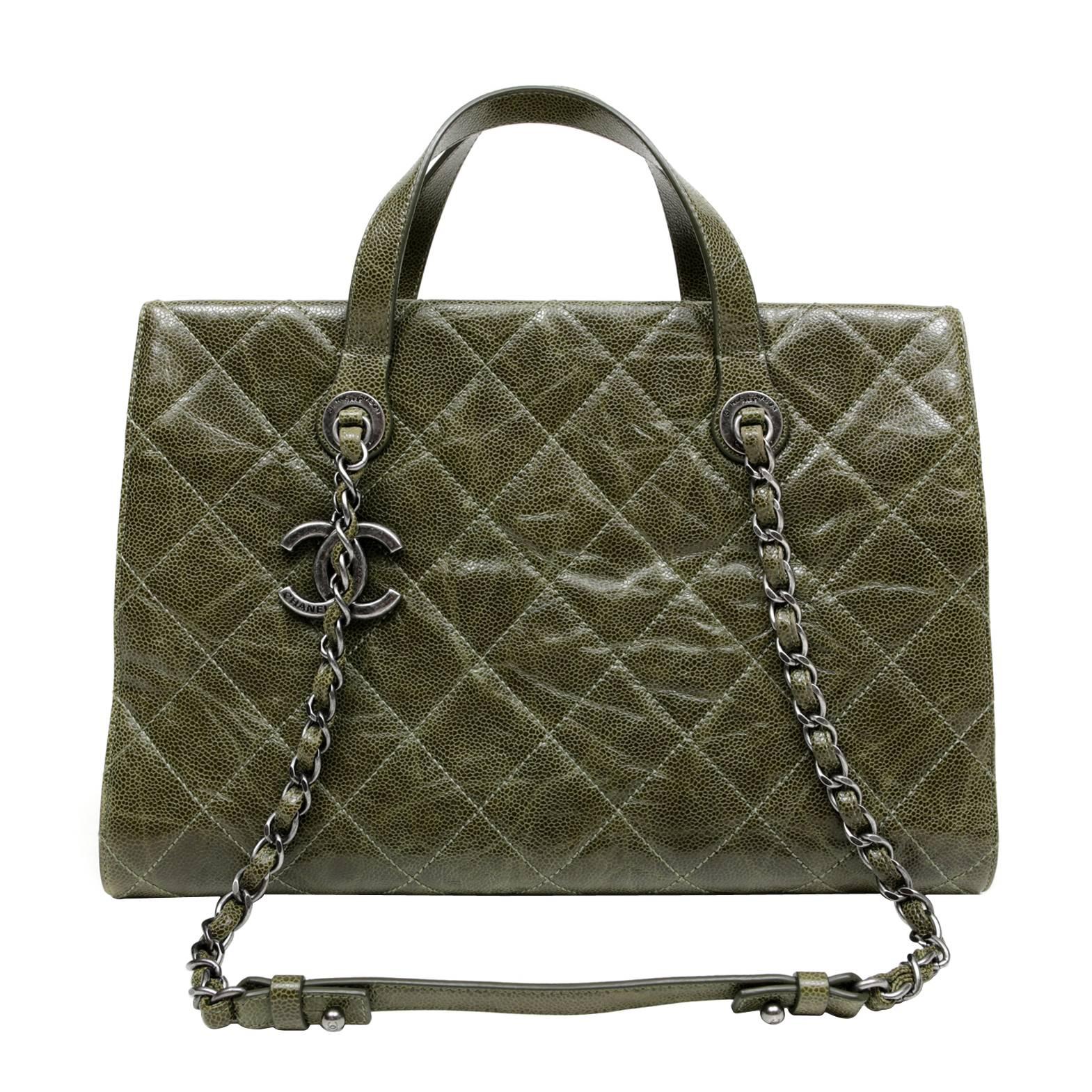 Chanel Olive Green Caviar Leather Crave Tote Bag For Sale