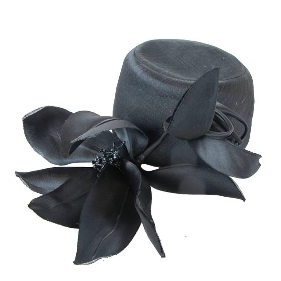 1960's Yves Saint Laurent Black Silk Satin Pillbox Hat For Sale