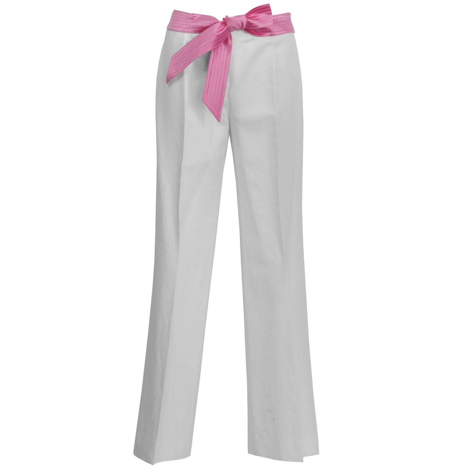 1990's Valentino Cream Linen Trousers with Pink Ribbon Belt