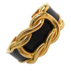 Hermes Black Leather Gold Palladium Hardware Bangle Cuff Bracelet in Box