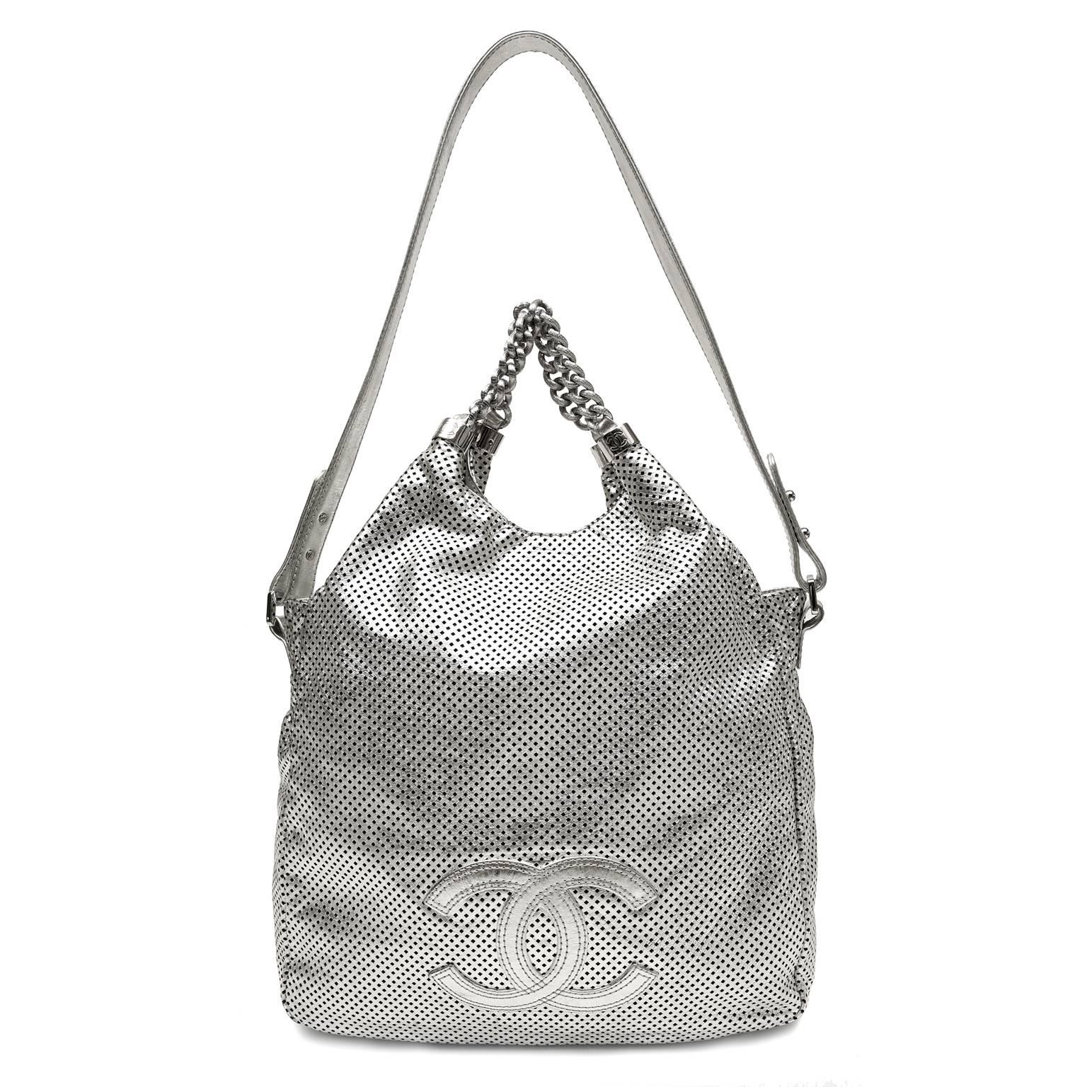 Chanel Silver Perforated Leather Rodeo Drive Large Hobo