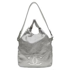 Chanel Silver Perforated Leather Rodeo Drive Large Hobo