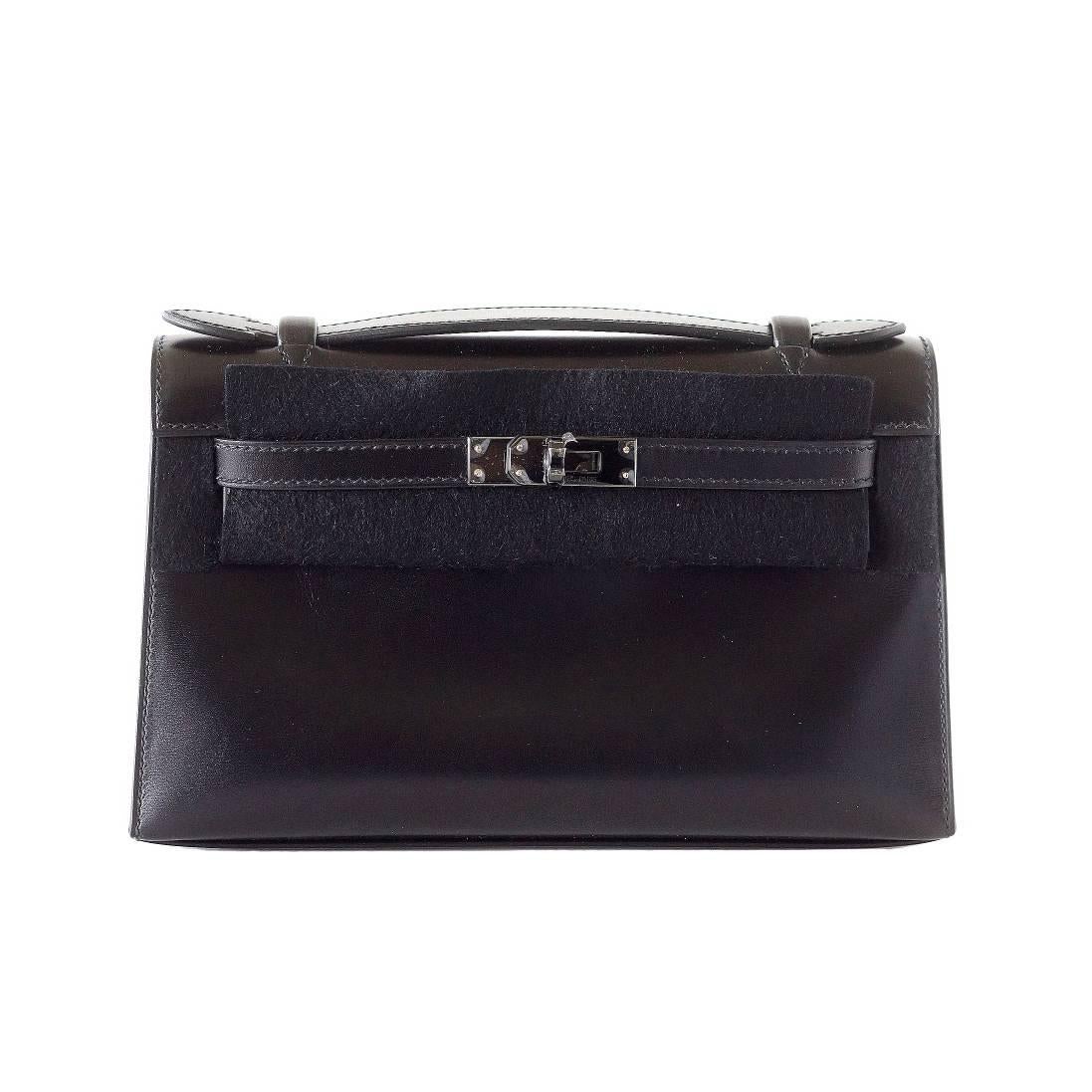 HERMES Kelly Pochette Limited Edition Very Rare SO BLACK Box Leather New