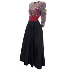 1980s Elizabeth Arden The Salon Vintage Silk Dress Size 12 Evening Gown Sequins 