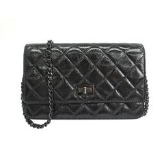 Chanel Black Glazed Calfskin Silver HW Wallet On Chain WOC Crossbody Bag in Box