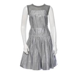 Louis Vuitton Gray Metallic Silver Pleated Sheer Shirt Cocktail Evening Dress
