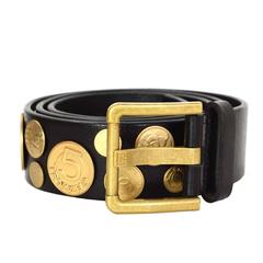 Chanel Black Leather & Gold Medallion Belt sz 95