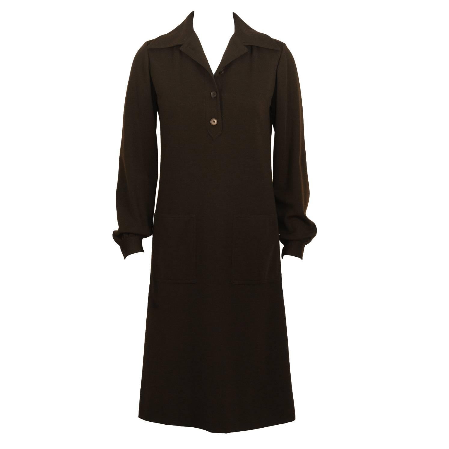 1970's Yves Saint Laurent YSL Brown Wool Day Dress For Sale