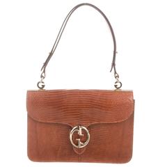 Gucci Rare Cognac Brown Lizard Gold HW GG Logo Top Handle Flap Shoulder Bag