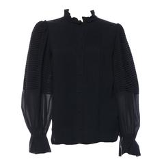 Fendi Black Silk Pleated Long Sleeve Bell Sleeve Victorian Blouse