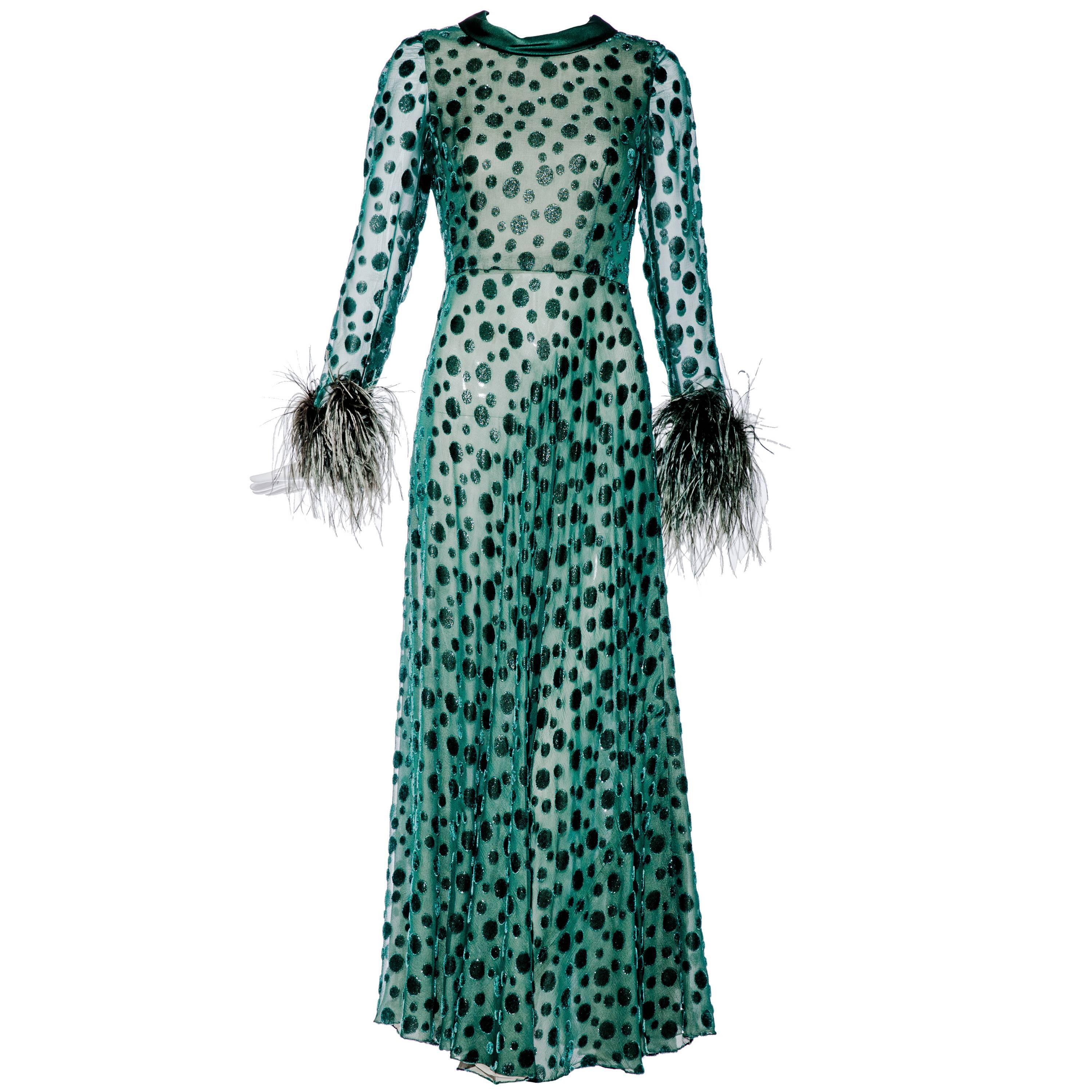 1970s CARDINALI green silk dress with velvet dots