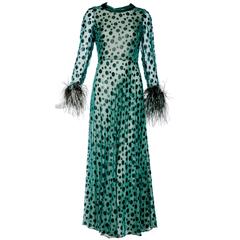 Retro 1970s CARDINALI green silk dress with velvet dots