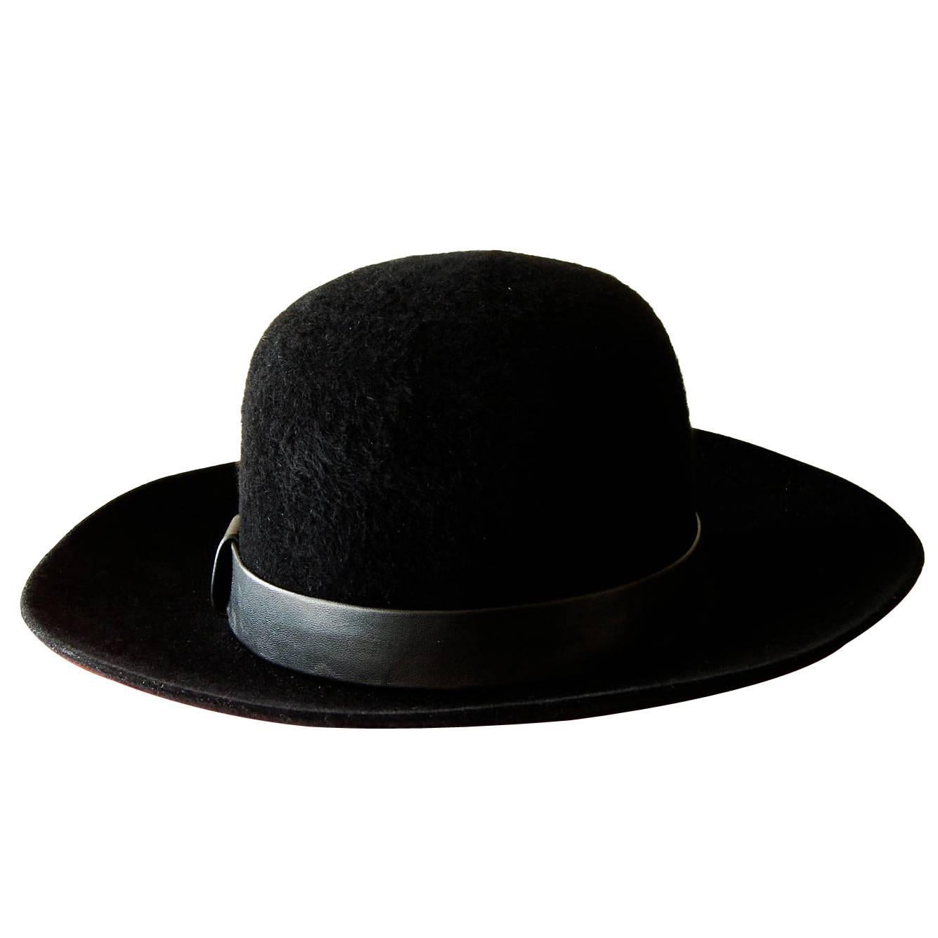 Hermes Wide Brim Hat Farandole Black Rabbit Felt Leather Size 56 + Hat Box