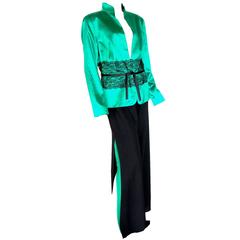 Escada Emerald Silk & Black Lace Jacket + Wide Leg Pants Ensemble Size 44/46