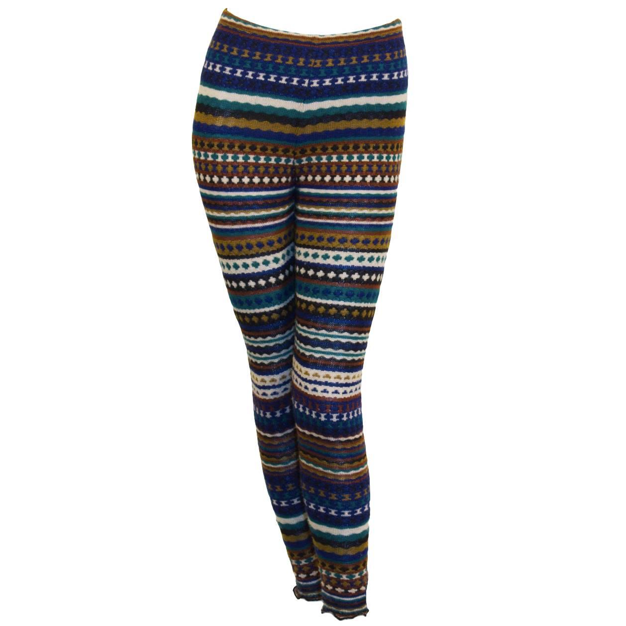 1980's Missoni Blue  and Olive Knit Striped Legging For Sale