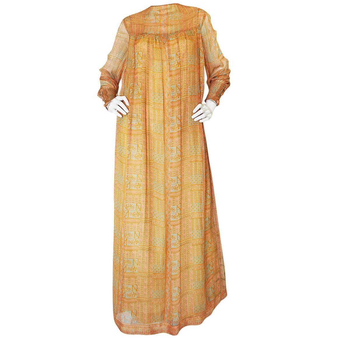 1970s Treacy Lowe Peach Print Silk Chiffon Caftan Dress