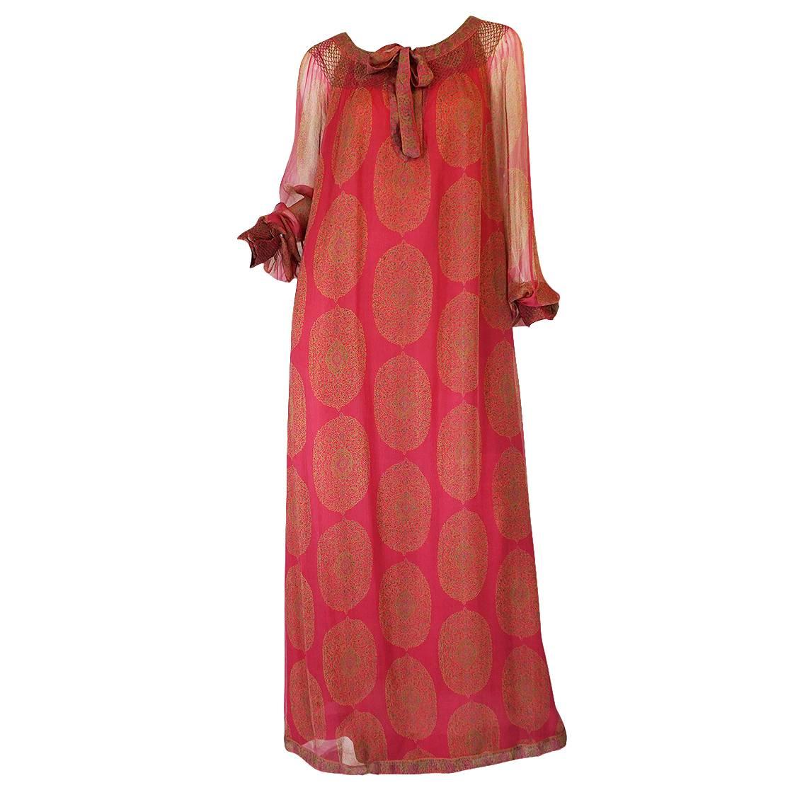 1970s Jeweled Hued Printed Silk Treacy Lowe Caftan Dress