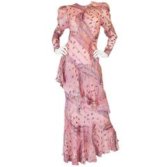 Used 1980s Spiral Bias Cut Pink Silk Metallic Judy Hornby Dress