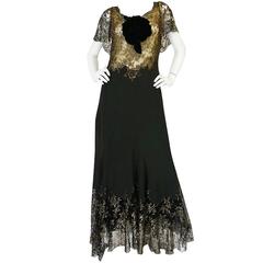Antique Amazing 1920s Couture Level Gold Metal Lace & Silk Dress