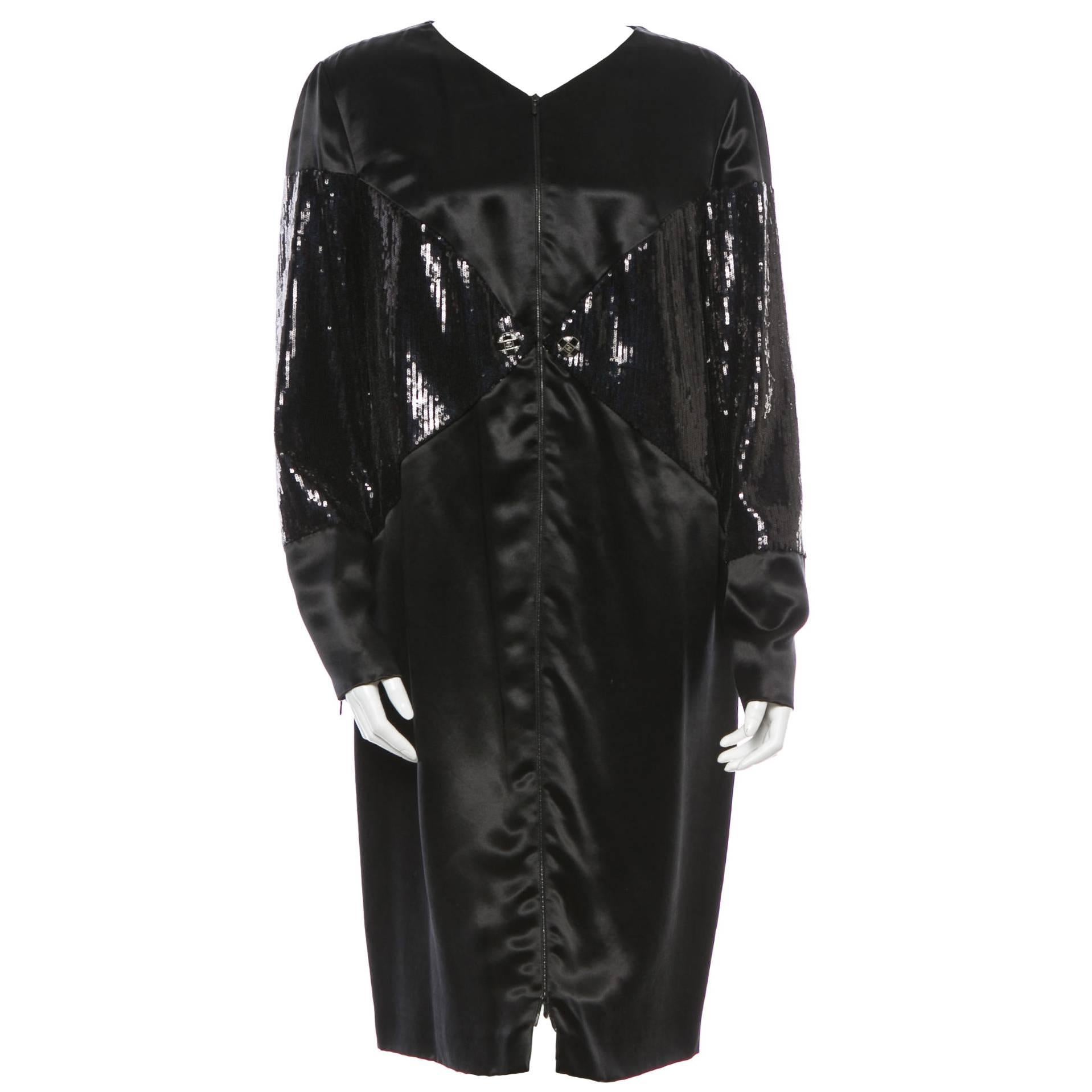 Chanel Black Satin and Sequin Midi Mid Length Long Sleeve Cocktail Gown Dress