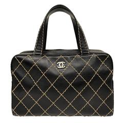 Chanel Black Leather Surpique Bowler with Beige Stitching