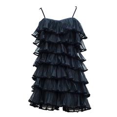 Vintage 1980s Vera Borea Charming Strap Ruffles Black Silk Dress
