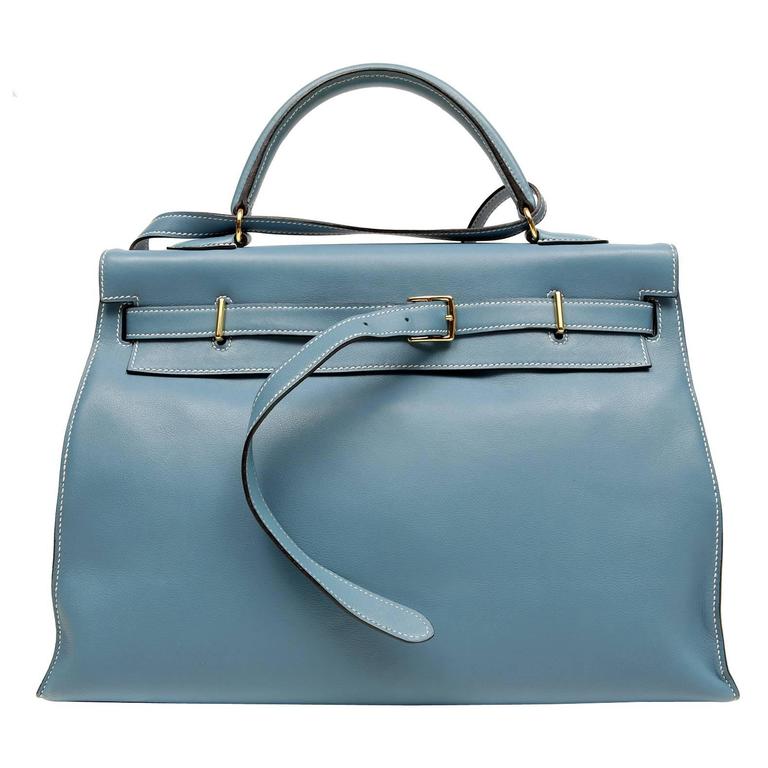 Hermès Blue Jean Swift 35 cm Collapsible Kelly Flat- GHW at 1stDibs
