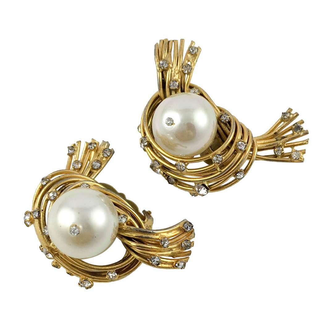 Chanel Glass Pearl Birds Nest Clip-on Earrings, by Robert Goossens - 1950s