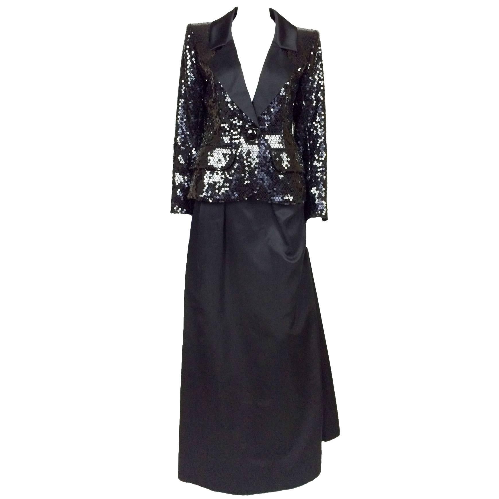 Yves Saint Laurent Le Smoking Sequin Jacket, Long and Short Satin Skirts - 1980 For Sale