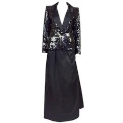 Yves Saint Laurent Le Smoking Sequin Jacket, Long and Short Satin Skirts - 1980