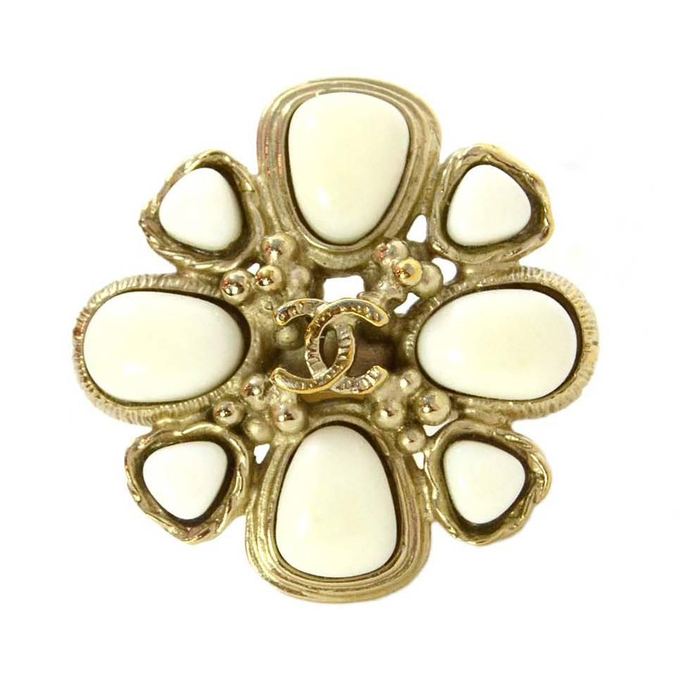 Chanel Gold & White Flower Cocktail Ring sz 6