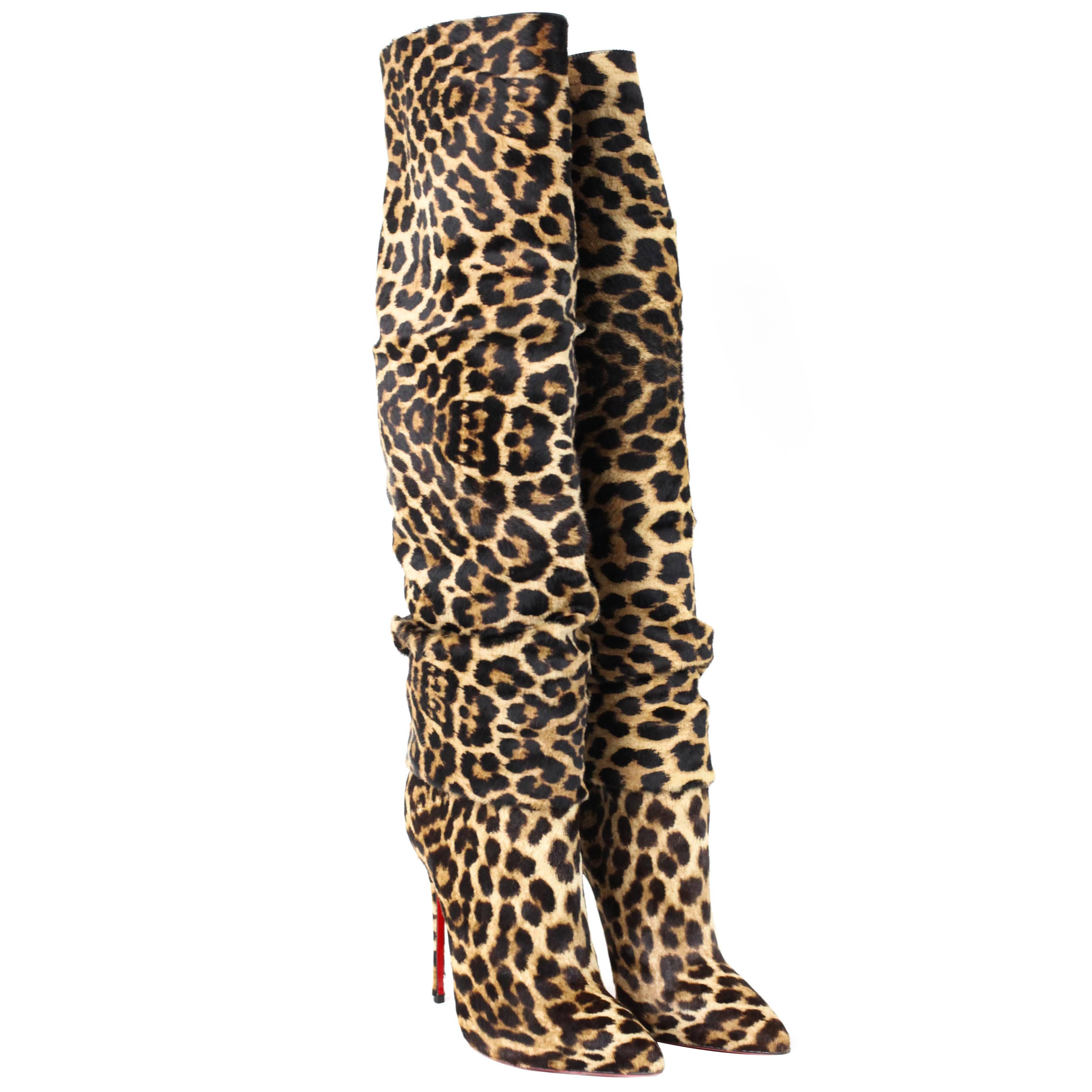 CHRISTIAN LOUBOUTIN Leopard Knee High Boots 36.5 For Sale