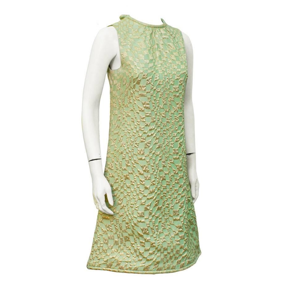 1960's Suzr Perette Mint Green and Gold Brocade Op- Art Dress