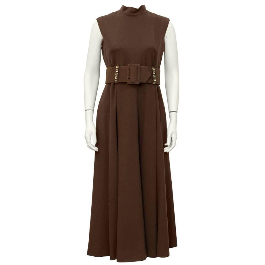 1970's Pauline Trigere Brown Wool Crepe Maxi Dress