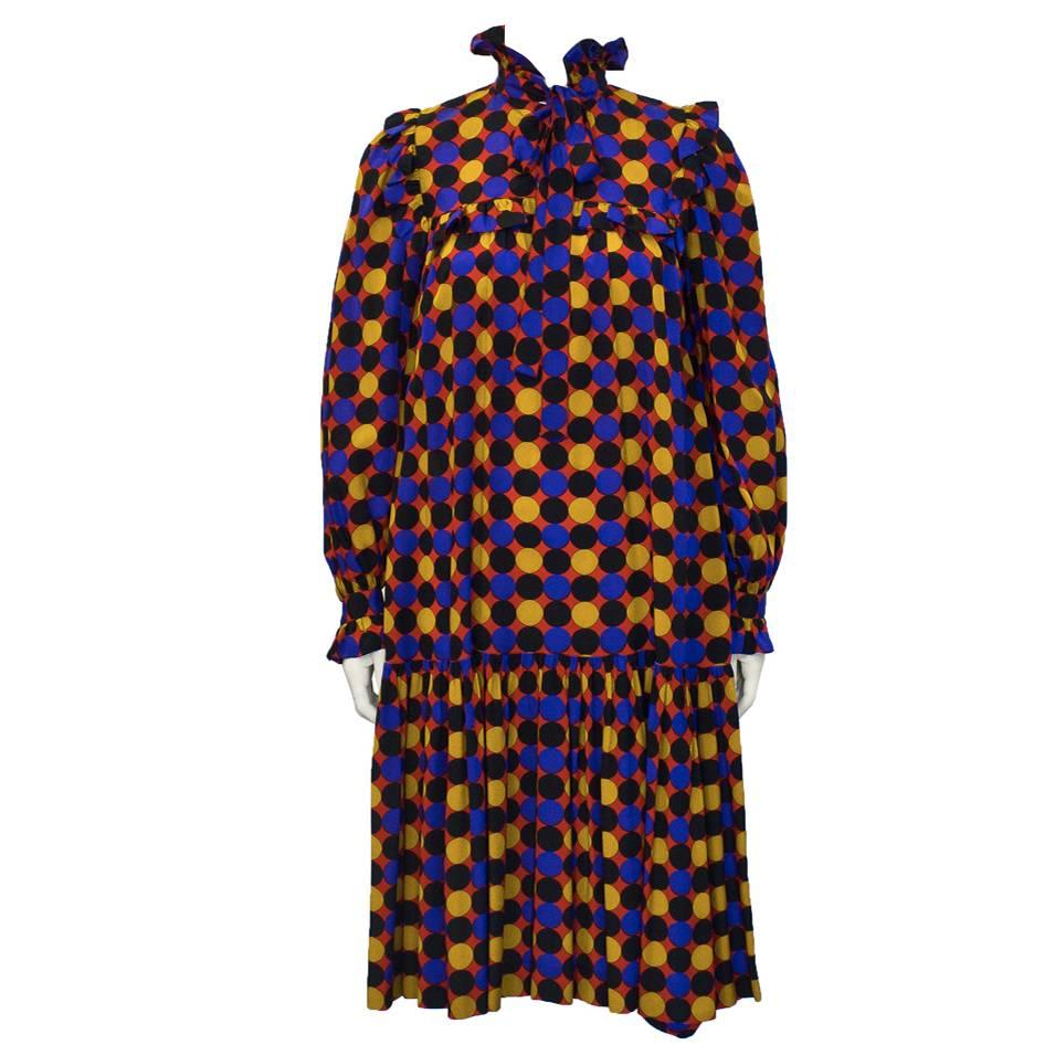 1970's Yves Saint Laurent YSL Silk Polka Dot Smock Dress
