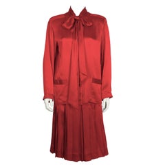 1980's Chanel Red Satin Skirt & Matching Tie Neck Ensemble