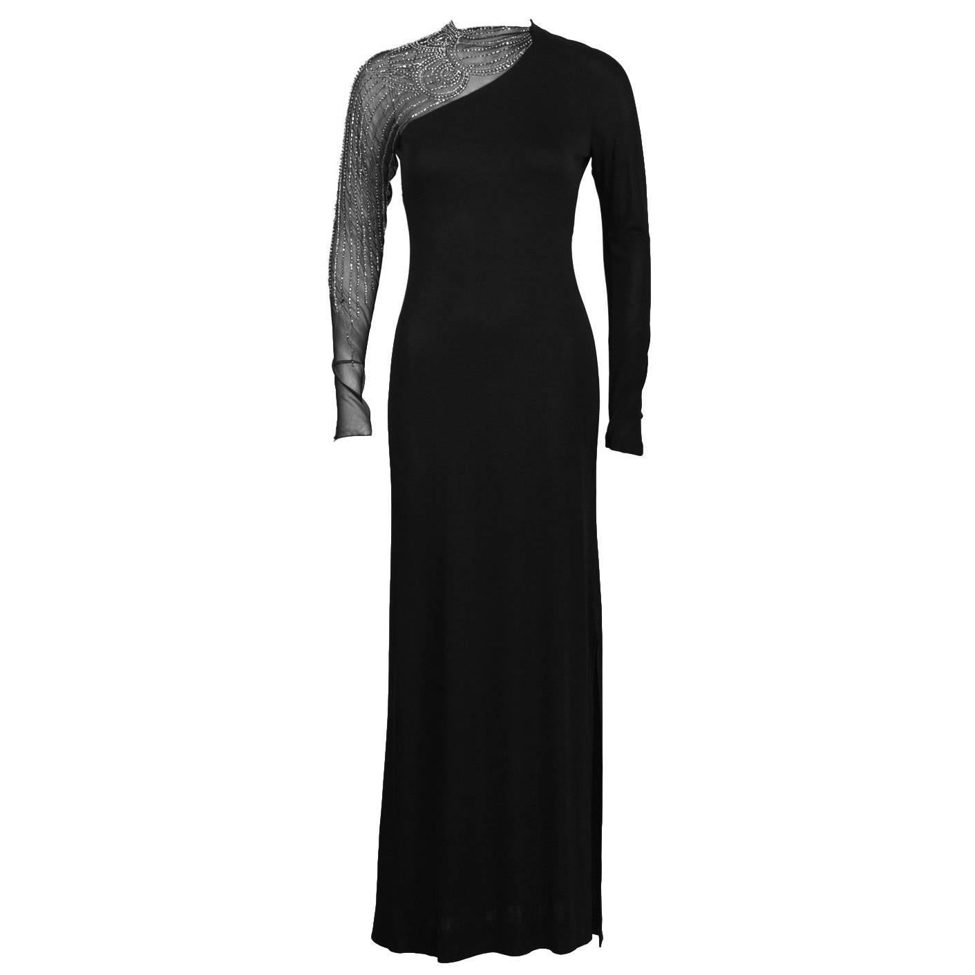 1950's Mollie Parnis Black Gown with Illusion Beaded Sleeve For Sale