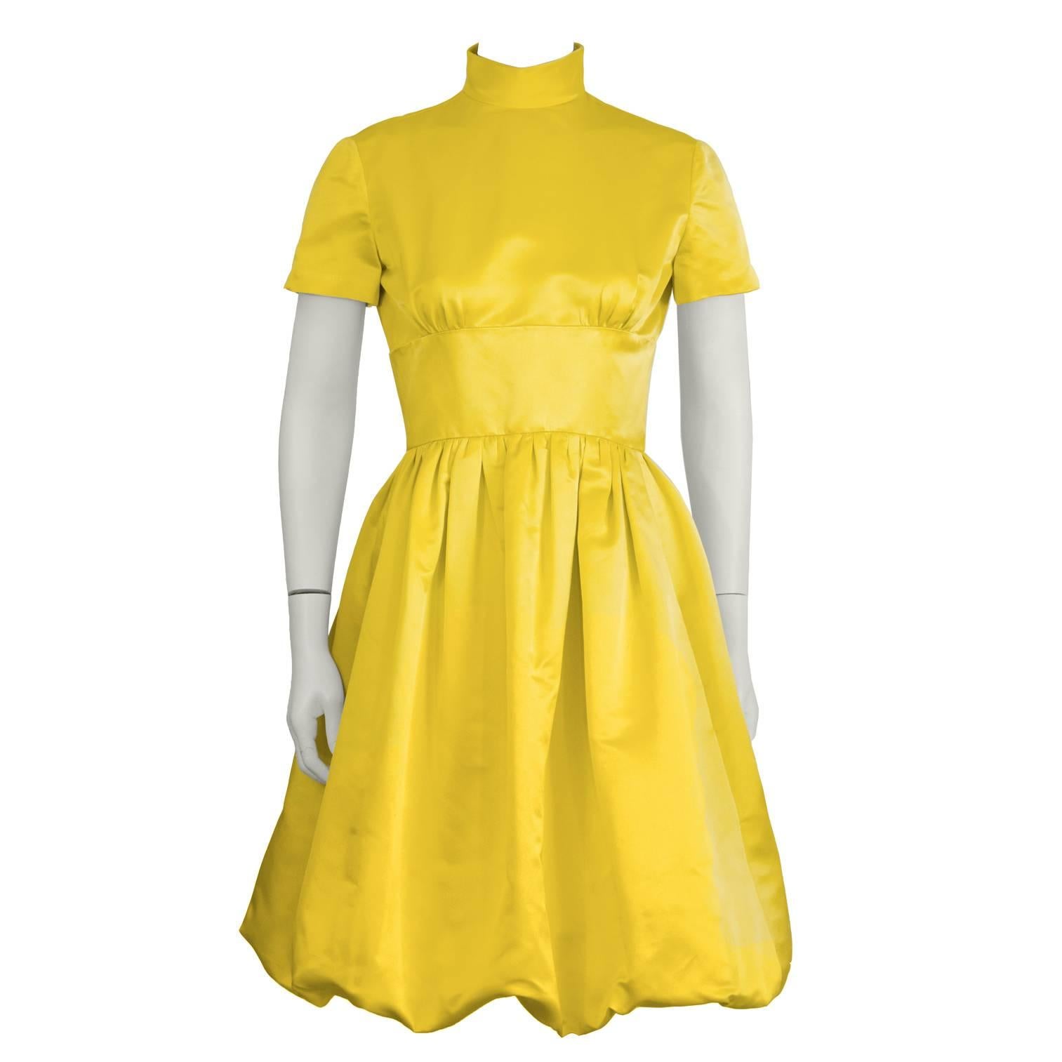  1960's I. Magnin Yellow Satin Bubble Hem Cocktail Dress