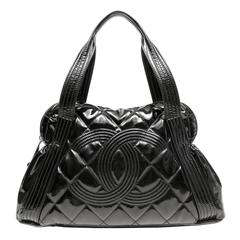 Chanel Black Patent Leather Quilted Bowler Tote Bag 