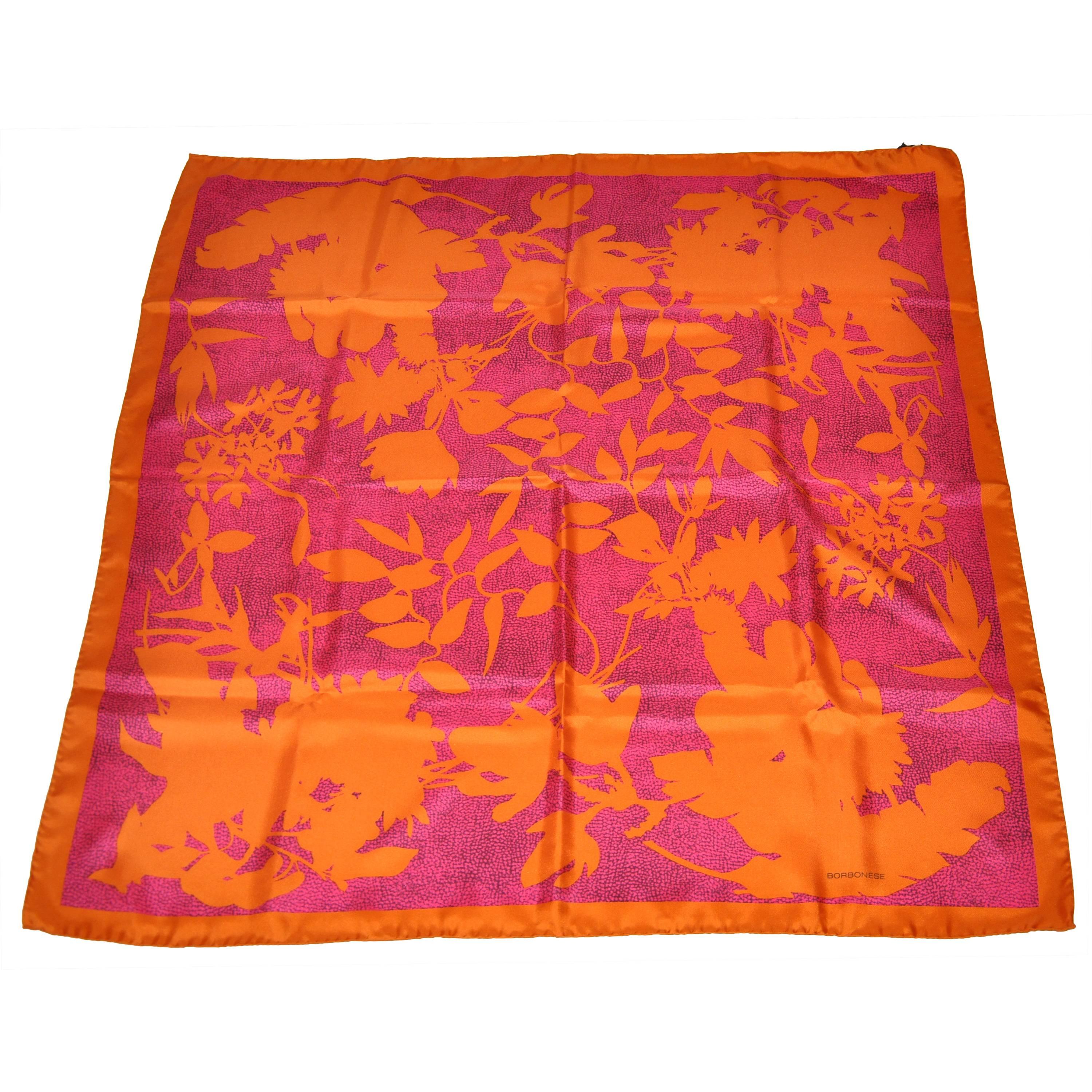 Borbonese Bold Fuchsia & Tangerine Floral Print Silk Scarf For Sale