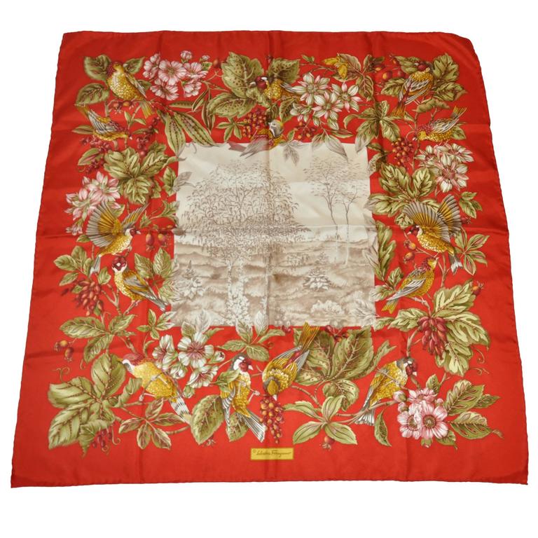 Salvatore Ferragamo Signature Multi-Floral with Birds Silk Hand-Rolled Scarf  For Sale at 1stDibs