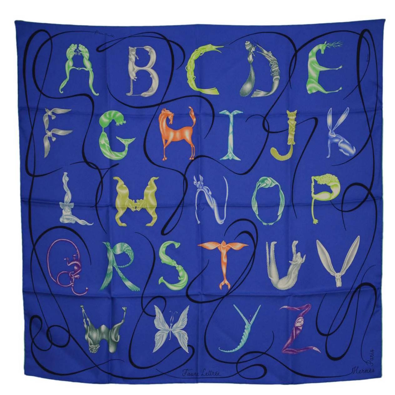 Hermes NEW Blue Alphabet Print 90cm Silk Scarf