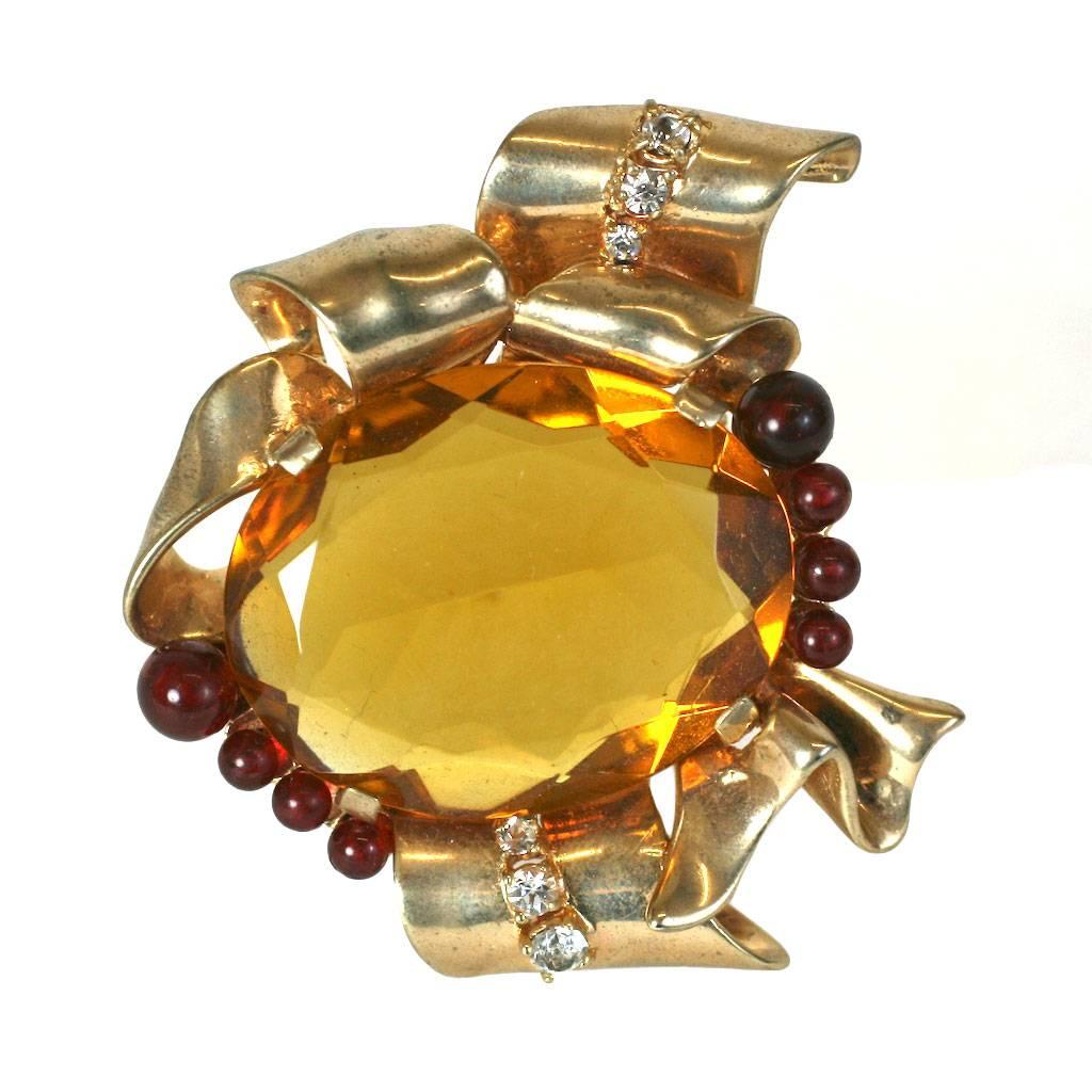 Ciner Faux Citrine and Ruby Retro Sterling Silver Brooch For Sale