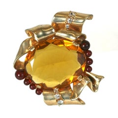 Ciner Faux Citrine and Ruby Retro Sterling Silver Brooch