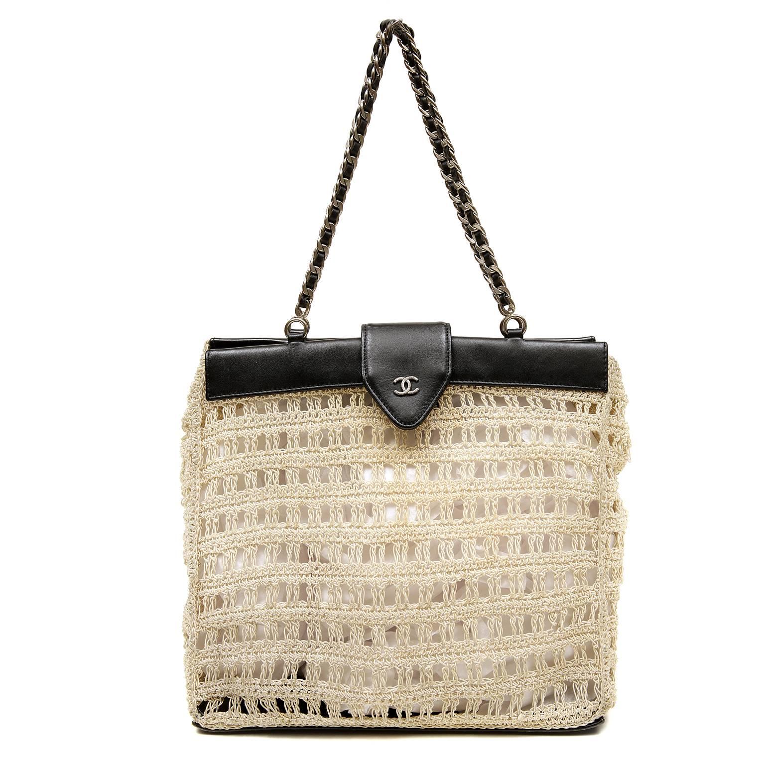 Chanel Beige Crocheted and Black Leather Tote Bag For Sale