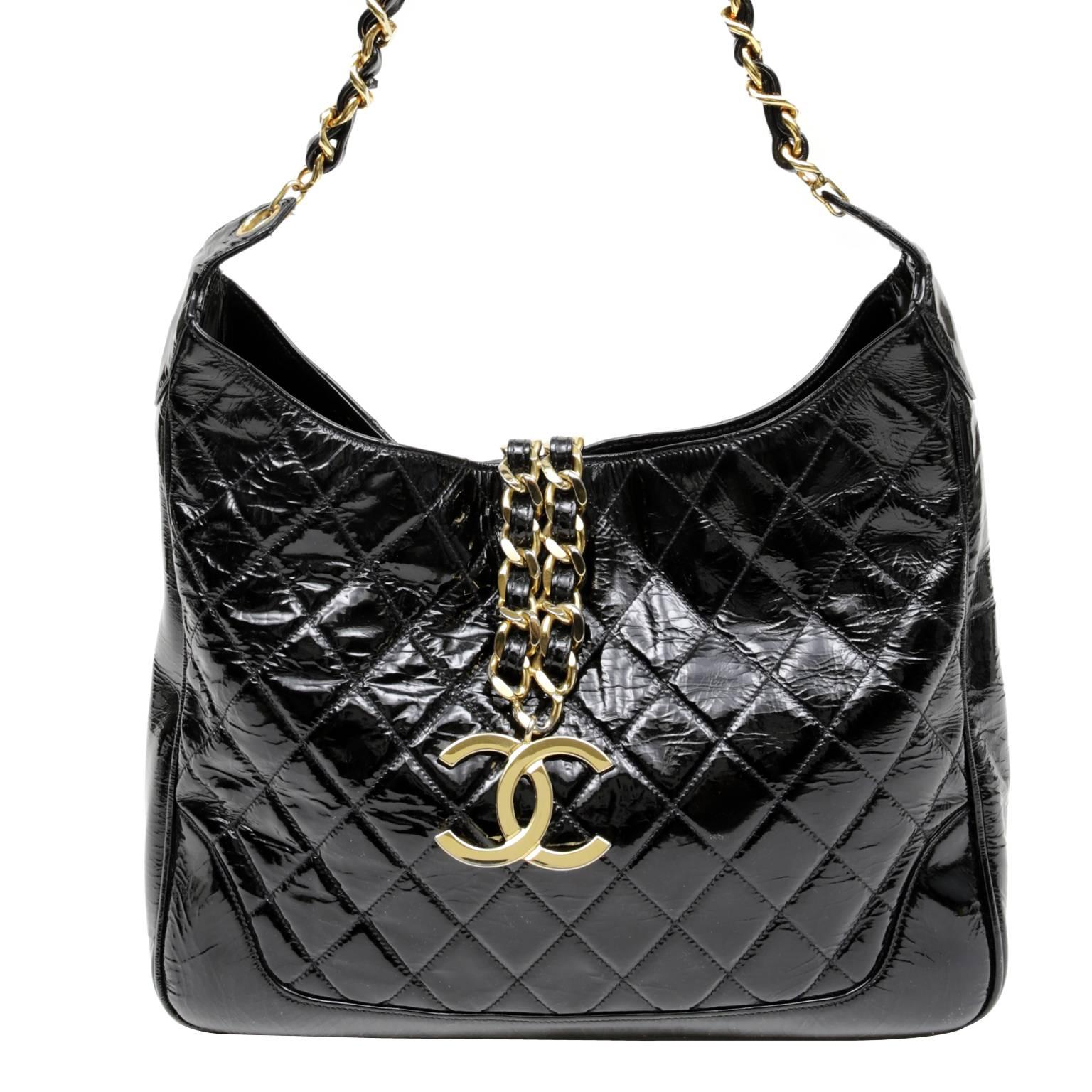 Chanel Black Patent Leather Vintage Cross Body Bag with18K Gold plated CC