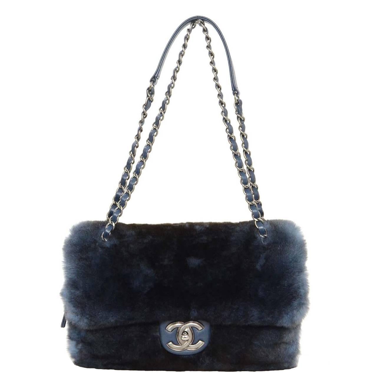 Chanel Blue 
Black Fur Flap Bag SHW